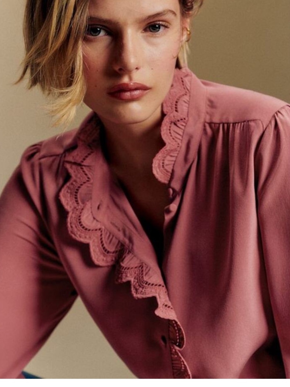 Sezane Rose-Pink Scalloped Ruffle Blouse - Picture 2 of 5